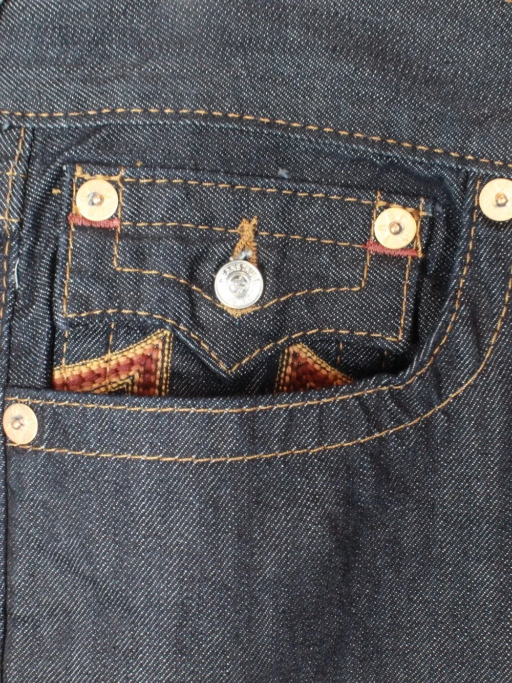 NWT True Religion Straight Leg Flap Jeans Sunset Logo Orange Red Stitch Size 33
